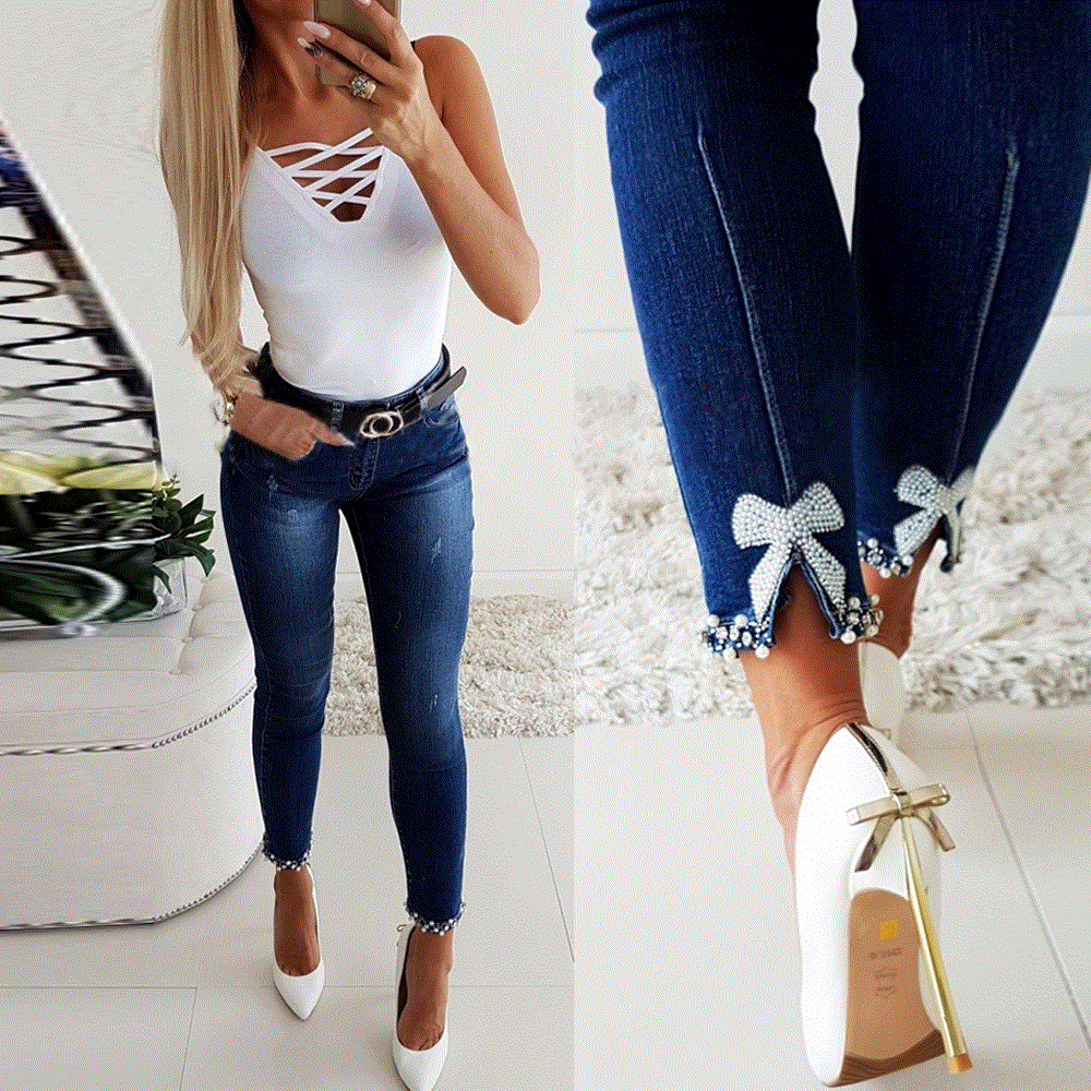 2021 High quality High Waist Straight Pants Women Jeans Streetwear Pearl Lace Stitching Skinny Pencil Denim Trousers