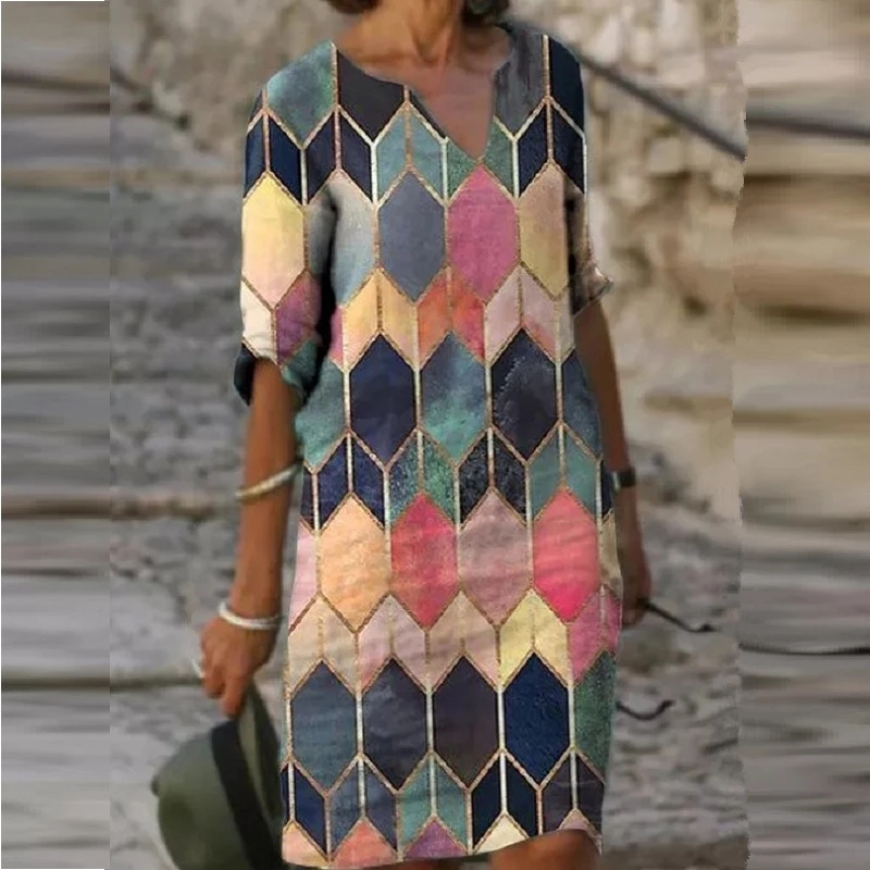 High quality Women Printed Dress Summer Fashion Half Sleeve V-neck Dress Vintage Spring Loose