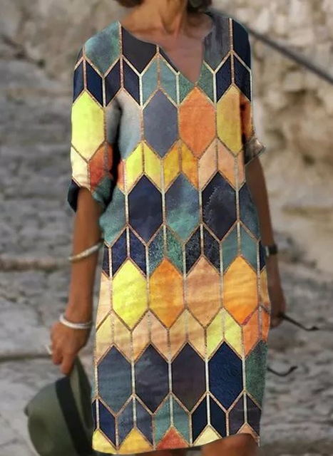 High quality Women Printed Dress Summer Fashion Half Sleeve V-neck Dress Vintage Spring Loose