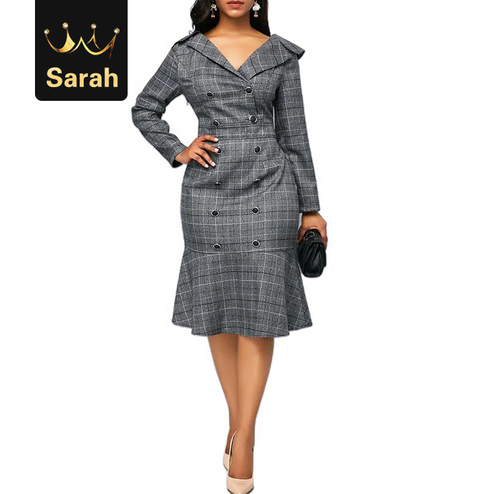 High quality Elegant Women Office Plaid Print Ruffle Trim  Long Sleeve Solid Plus Size dress