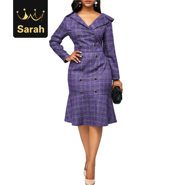 High quality Elegant Women Office Plaid Print Ruffle Trim  Long Sleeve Solid Plus Size dress