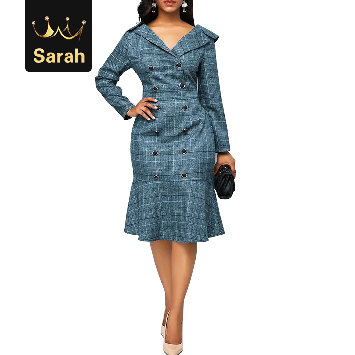 High quality Elegant Women Office Plaid Print Ruffle Trim  Long Sleeve Solid Plus Size dress