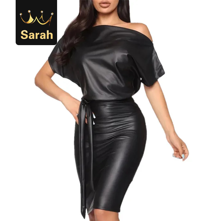 High quality Women PU Leather Mini Dress Sexy Black Crew Neck Wet Look Party dress