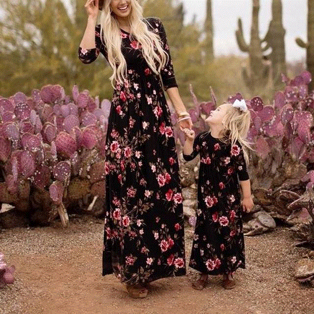 Mother Daughter Dresses Sleeveless Floral Long Dress women girl dress Family Matching Clothes
