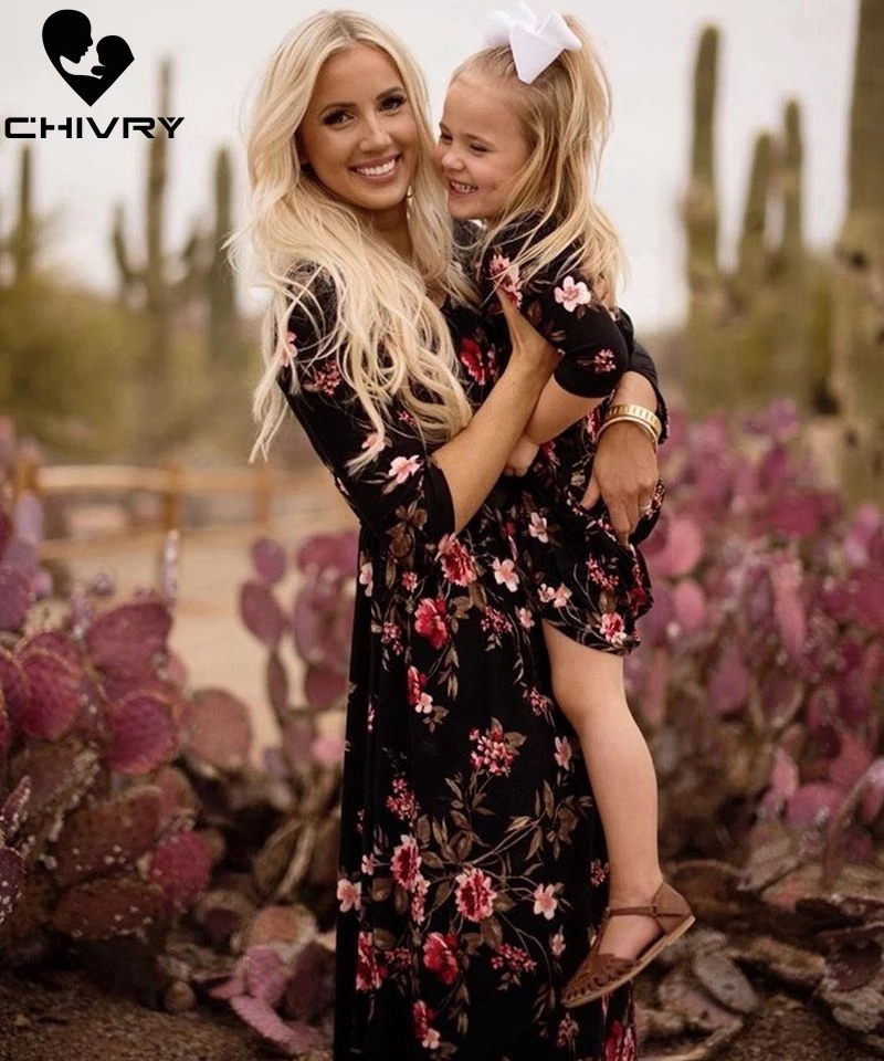 Mother Daughter Dresses Sleeveless Floral Long Dress women girl dress Family Matching Clothes