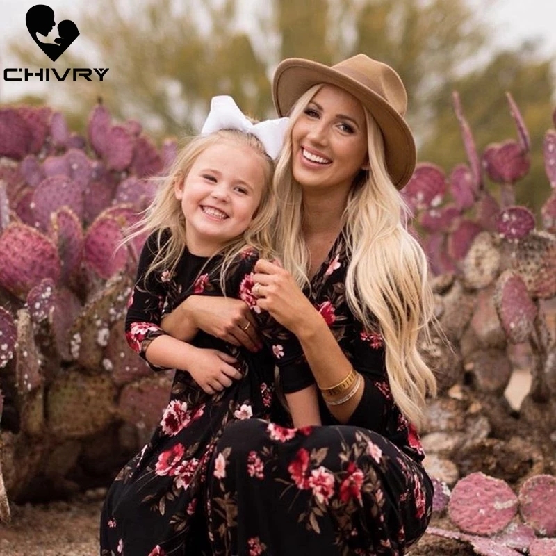Mother Daughter Dresses Sleeveless Floral Long Dress women girl dress Family Matching Clothes
