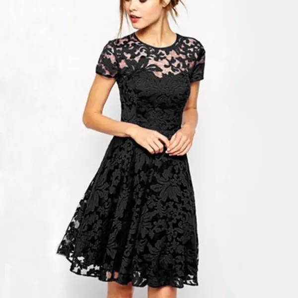 Women Floral Lace Dresses Short Sleeve Party Casual Color Blue Red Black Mini Dress