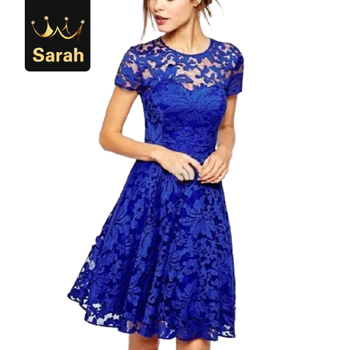 Women Floral Lace Dresses Short Sleeve Party Casual Color Blue Red Black Mini Dress