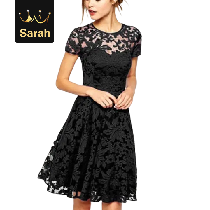 Women Floral Lace Dresses Short Sleeve Party Casual Color Blue Red Black Mini Dress