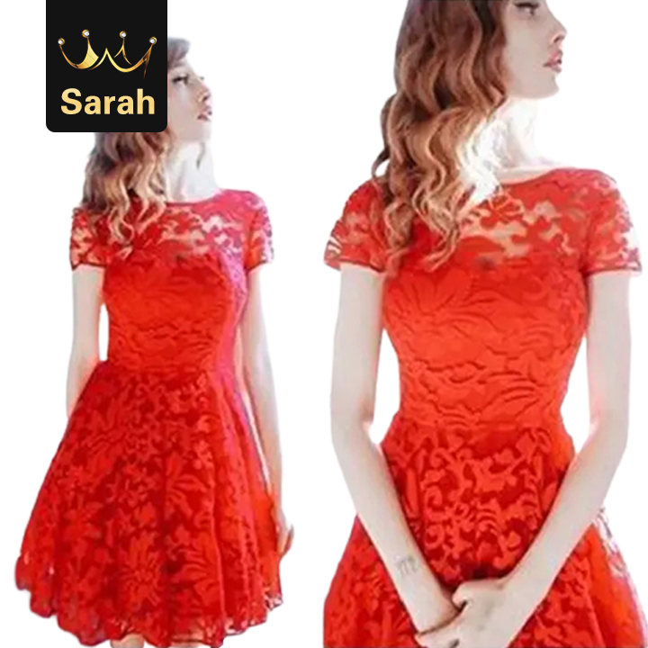 Women Floral Lace Dresses Short Sleeve Party Casual Color Blue Red Black Mini Dress