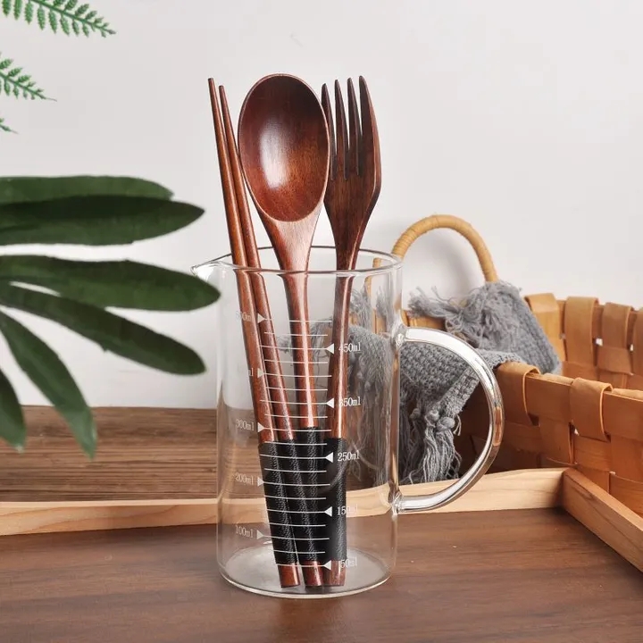 3PCS Dinner Sets Long Handle Portable Tableware Utensils Wooden Tableware With Fork Spoon Chopsticks
