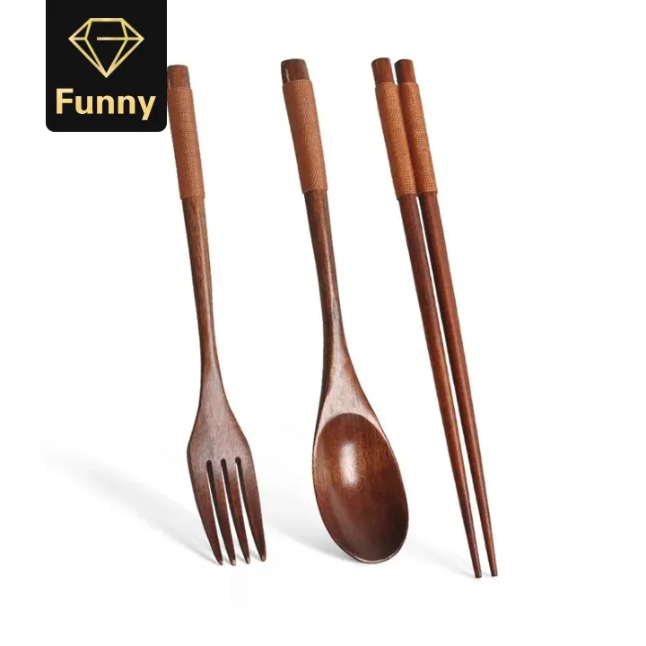 3PCS Dinner Sets Long Handle Portable Tableware Utensils Wooden Tableware With Fork Spoon Chopsticks