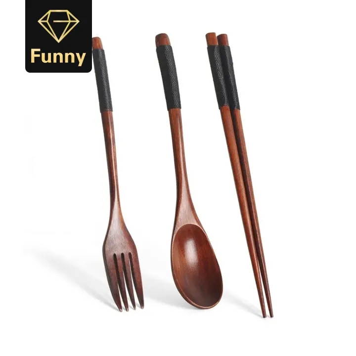 3PCS Dinner Sets Long Handle Portable Tableware Utensils Wooden Tableware With Fork Spoon Chopsticks