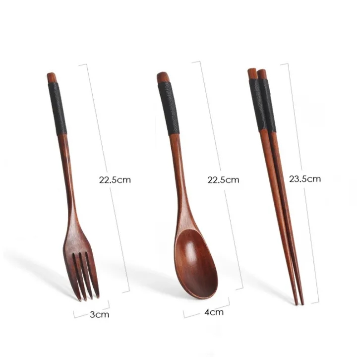 3PCS Dinner Sets Long Handle Portable Tableware Utensils Wooden Tableware With Fork Spoon Chopsticks
