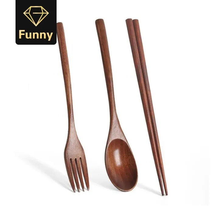 3PCS Dinner Sets Long Handle Portable Tableware Utensils Wooden Tableware With Fork Spoon Chopsticks