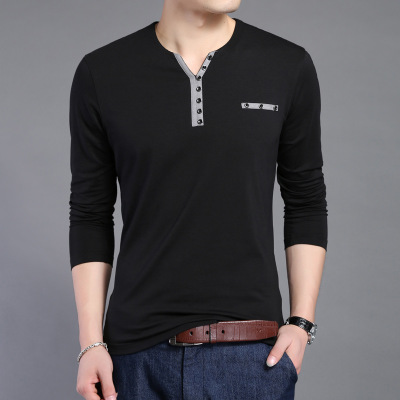 High quality Cotton T Shirt Men Long Sleeve Men Henry Collar Shirt Men