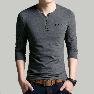 High quality Cotton T Shirt Men Long Sleeve Men Henry Collar Shirt Men