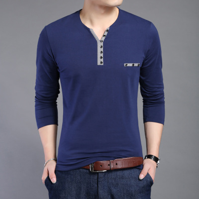 High quality Cotton T Shirt Men Long Sleeve Men Henry Collar Shirt Men