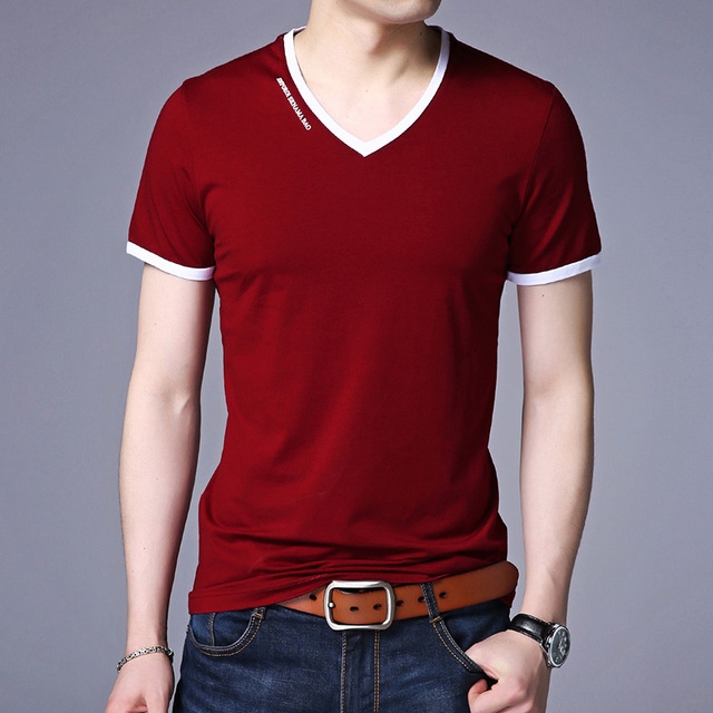 2021 High quality Summer V-Neck Slim Fit Short Sleeve T Shirt Men Mercerized Cotton Brand-Clothing
