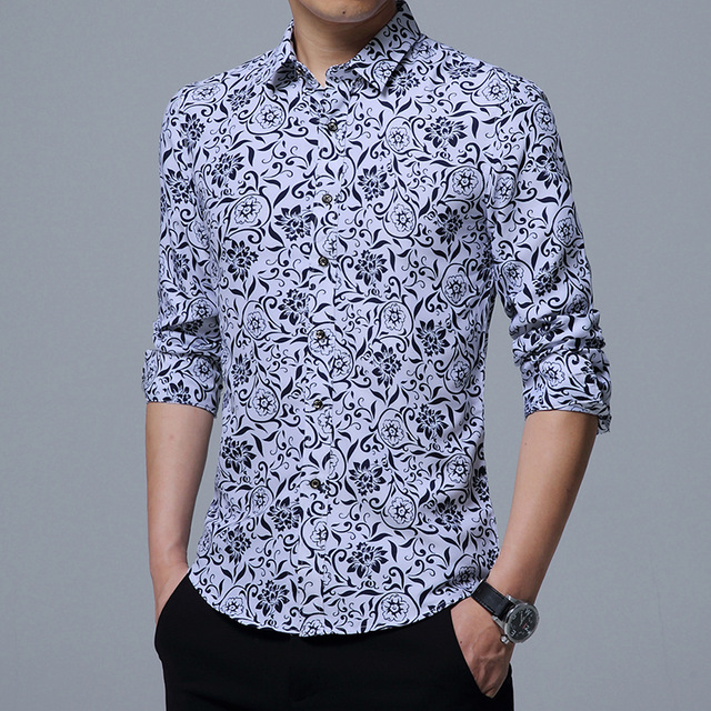 High quality Male Shirt Long-Sleeves Tops Printing Casual Mens Dress Shirts Slim Men Shirt