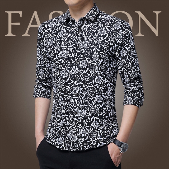 High quality Male Shirt Long-Sleeves Tops Printing Casual Mens Dress Shirts Slim Men Shirt