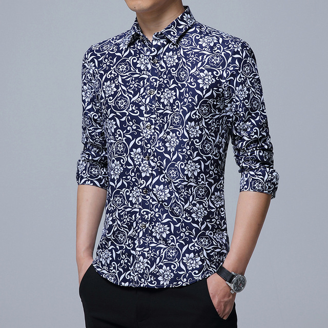High quality Male Shirt Long-Sleeves Tops Printing Casual Mens Dress Shirts Slim Men Shirt