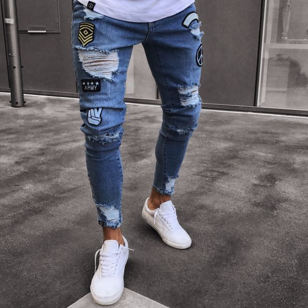 High quality Men Brand Fashion Men'S Ripped Skinny Biker Jeans Destroyed Frayed Slim Fit Denim Pants M-XXXL