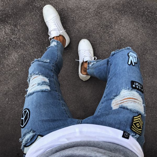 High quality Men Brand Fashion Men'S Ripped Skinny Biker Jeans Destroyed Frayed Slim Fit Denim Pants M-XXXL