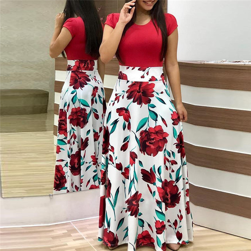 2021 High quality Vintage Floral Print Patchwork Long Dress Women Casual Short Sleeve Party  Elegant Ladies Sundress