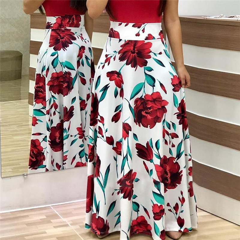 2021 High quality Vintage Floral Print Patchwork Long Dress Women Casual Short Sleeve Party  Elegant Ladies Sundress