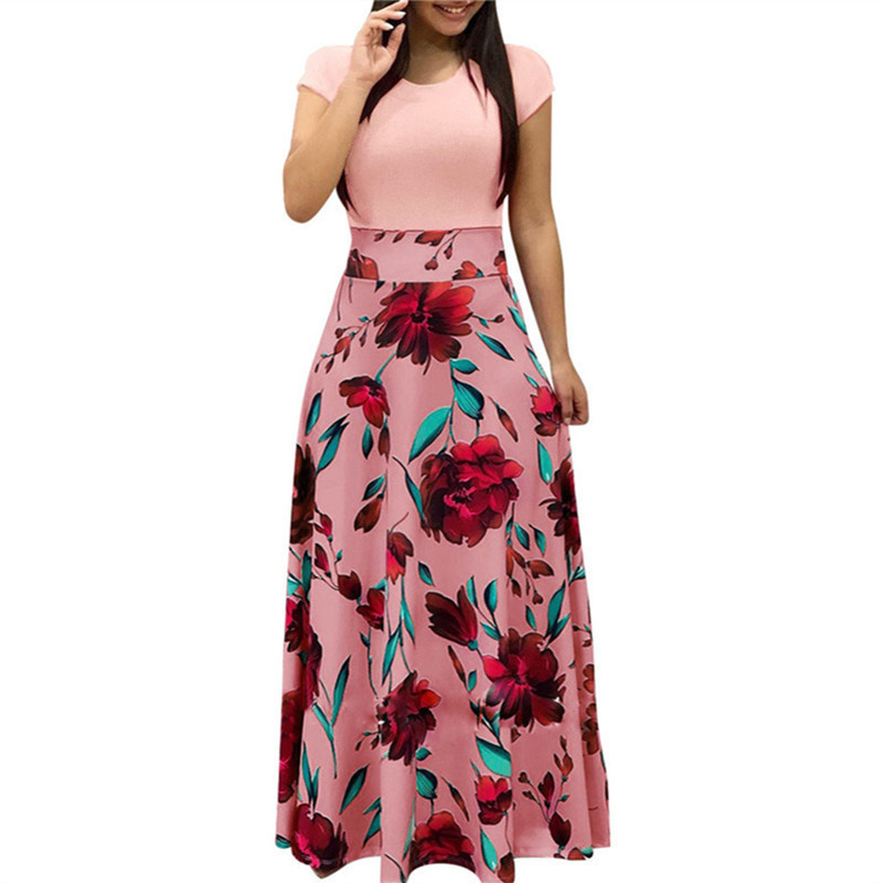 2021 High quality Vintage Floral Print Patchwork Long Dress Women Casual Short Sleeve Party  Elegant Ladies Sundress