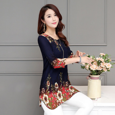 2021 High quality Spring Summer Three Quarter Slim Floral Long Shirt Female Casual Slim Color Elegant Printed Blouse