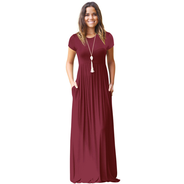 2021 High quality Long Summer Short Sleeve Pocket Floor Length Maxi Dress Women O Neck Solid Dress Female Vestidos