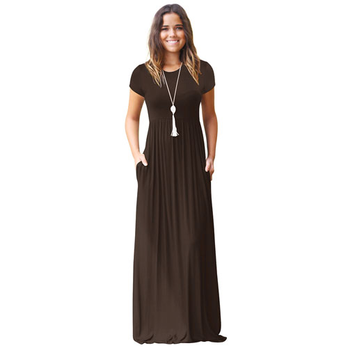 2021 High quality Long Summer Short Sleeve Pocket Floor Length Maxi Dress Women O Neck Solid Dress Female Vestidos