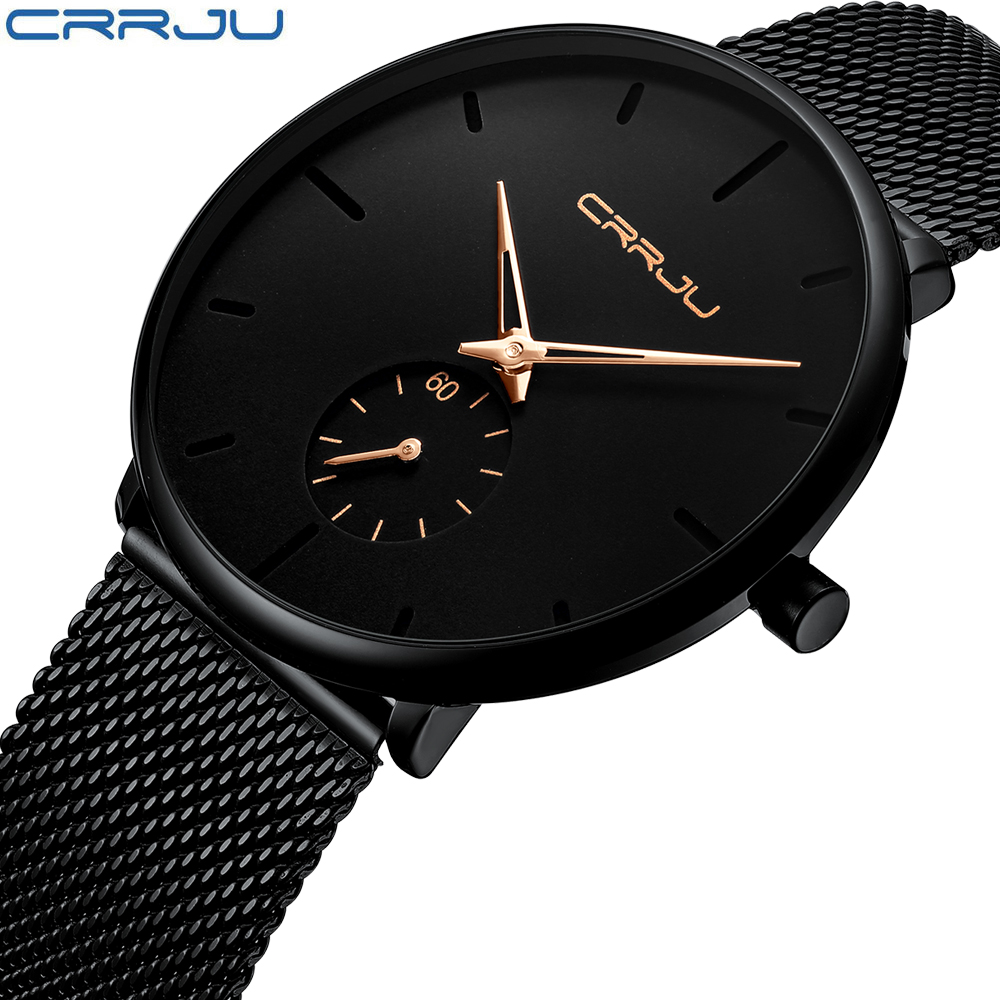 High quality Crrju Mens Watches Top Brand Luxury Quartz Watch Men Casual Slim Mesh Waterproof Watch