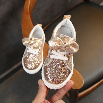 2021 High quality Girls Shoes Baby Sneakers Children Casual Shoes Bow-knot Glitter Leather Flat Princess Shoes
