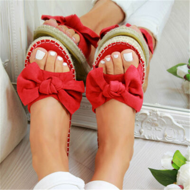 High quality Womans Slip On Sandals Bow Flat Mule Leopard Linen Hemp Summer Sliders Shoes