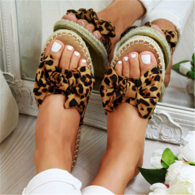 High quality Womans Slip On Sandals Bow Flat Mule Leopard Linen Hemp Summer Sliders Shoes