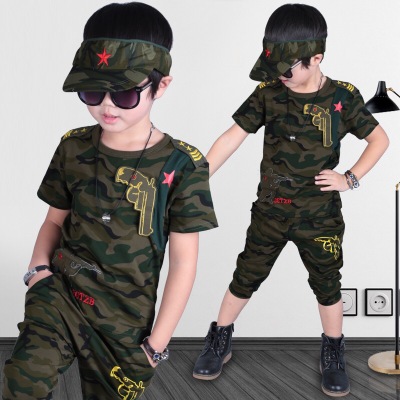 Fashion Summer Solid Cotton Camouflage T-shirts   Pants Kids Boys Suit Casual Style Children Sets
