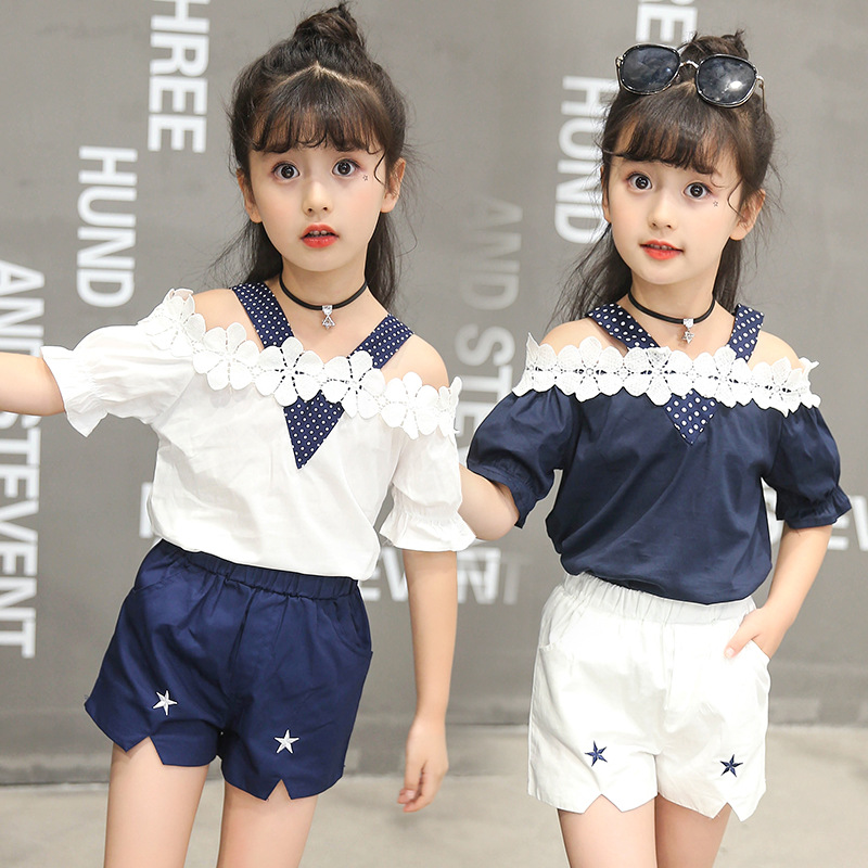 2021 High quality Girls Clothing Set Female Child Lace Shirt Flower Embroidery Sleeveless Two Piece Summer Kids Outfit