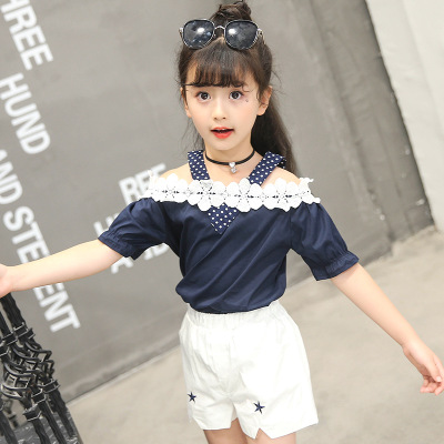 2021 High quality Girls Clothing Set Female Child Lace Shirt Flower Embroidery Sleeveless Two Piece Summer Kids Outfit