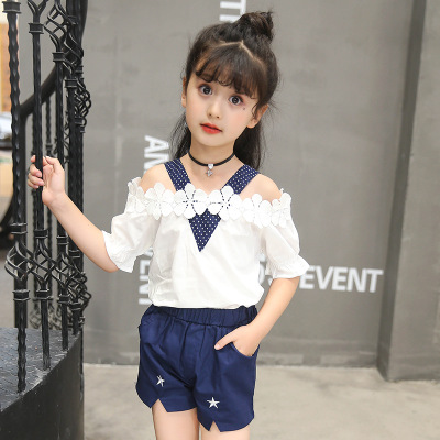 2021 High quality Girls Clothing Set Female Child Lace Shirt Flower Embroidery Sleeveless Two Piece Summer Kids Outfit