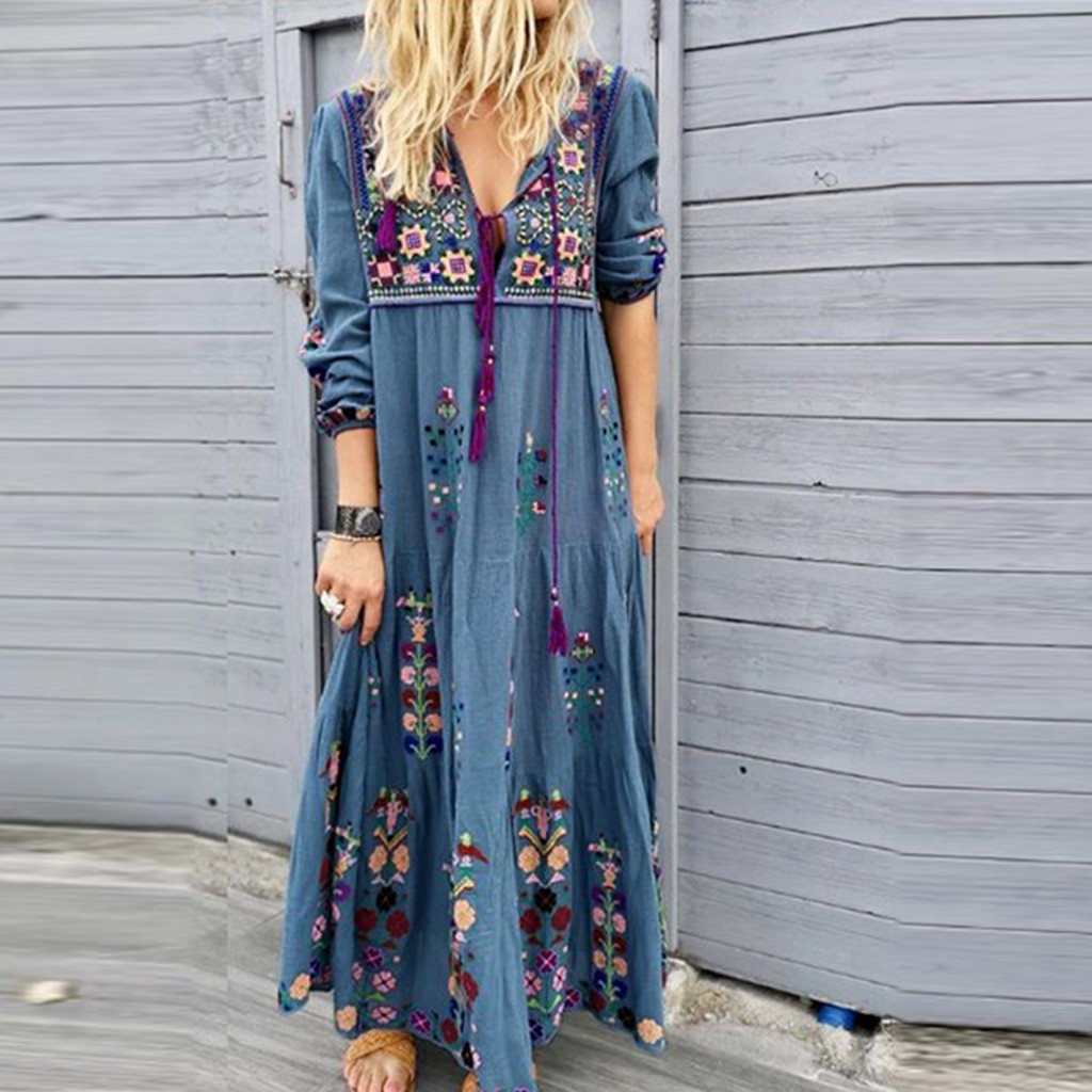 High quality Women Plus Size V Neck Print Lace Up Long Sleeve Boho Dress Party Maxi Dress