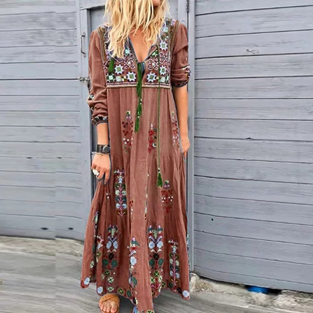 High quality Women Plus Size V Neck Print Lace Up Long Sleeve Boho Dress Party Maxi Dress