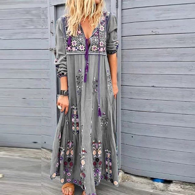 High quality Women Plus Size V Neck Print Lace Up Long Sleeve Boho Dress Party Maxi Dress
