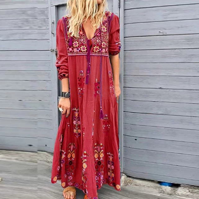 High quality Women Plus Size V Neck Print Lace Up Long Sleeve Boho Dress Party Maxi Dress