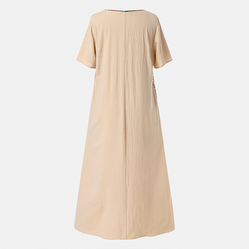 2021 High quality Women Bohemian Dress Vintage Patchwork Short Sleeve Cotton Linen Sundress Beach Party Kaftan Robe