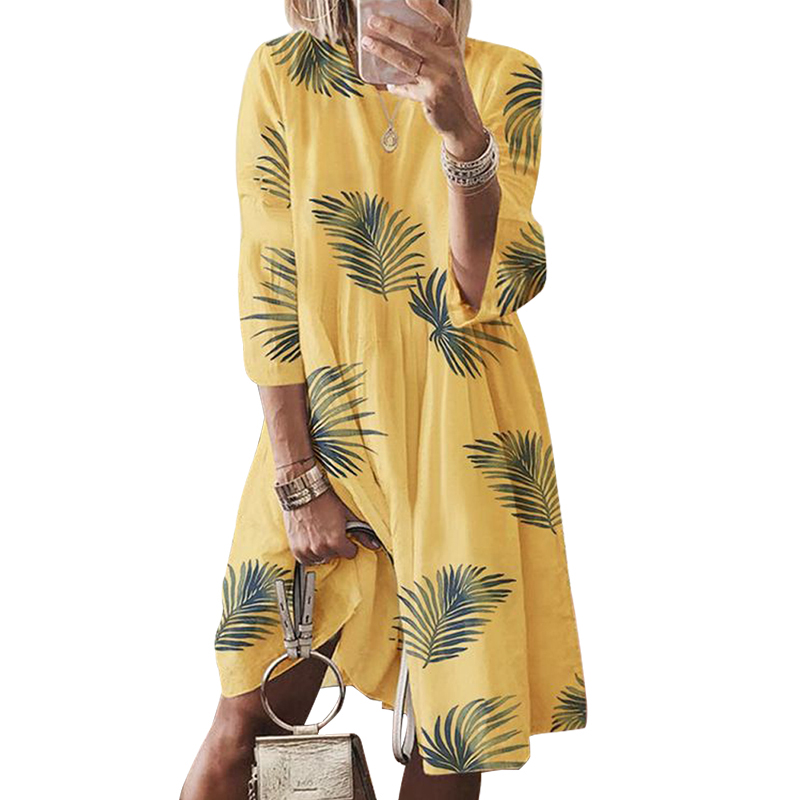 2021 High quality Women Dress Summer O-neck 3/4 Sleeve Floral Elegant Midi Dresses Female Casual Beach Boho Sundress