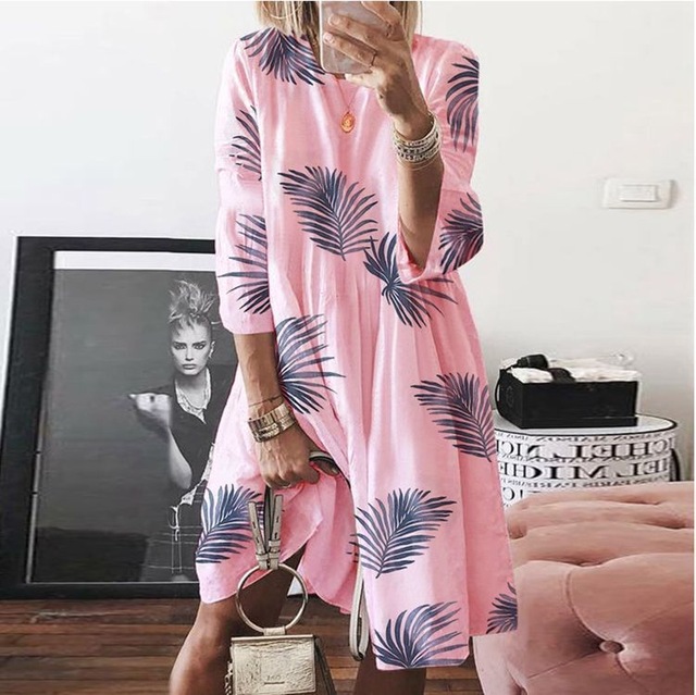 2021 High quality Women Dress Summer O-neck 3/4 Sleeve Floral Elegant Midi Dresses Female Casual Beach Boho Sundress