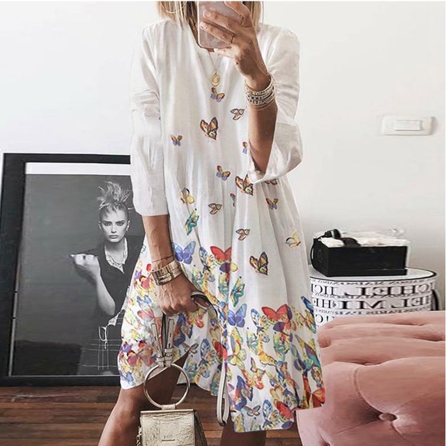 2021 High quality Women Dress Summer O-neck 3/4 Sleeve Floral Elegant Midi Dresses Female Casual Beach Boho Sundress